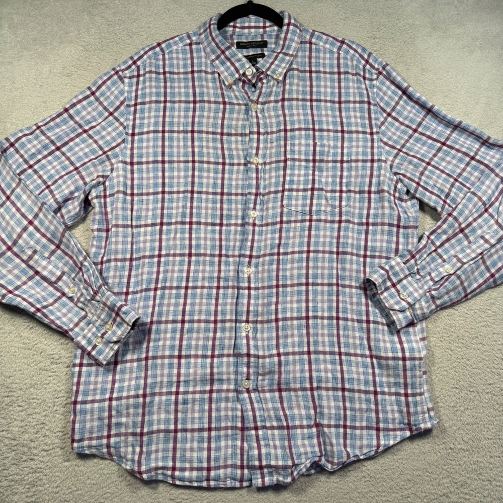 Banana Republic Button Down Mens Large Blue Purple Plaid 100% Linen Camden Shirt